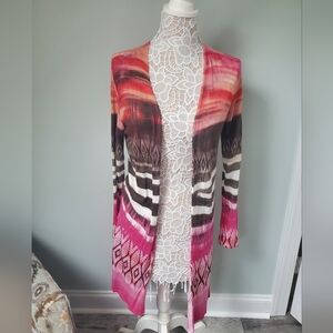 Pink and Brown Striped Open Front Cardigan Sweater